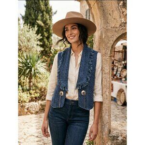 Every Stitch Counts Sweater Vest Womens Blue Fringe Western Concho Boho Festival